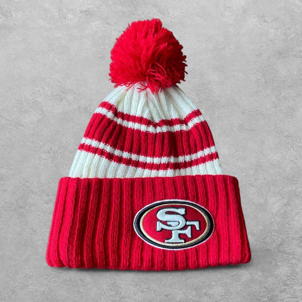 49ers New Era Winter Knit Beanie OS White Red Striped Pom Pom